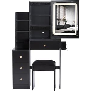 Modern Black Makeup Vanity Set with LED Lights,5 Drawers,Open Shelves,Blower Machine Holder,Solid Wood Vanity Desk with Mirror and Chair for Bedroom,Black
