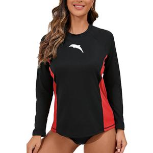 Halcurt Women's Long Sleeve Rash Guard Swim Shirt with Built in Bra Lightweight UPF50+ Quick Dry Swimsuit Top Black Red XL