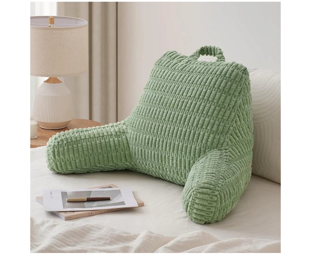 Blissful Diary Reading Pillow, Backrest Pillow with Shredded Memory Foam for Adult & Children, Designed for Bed and Couch Sitting Up, Includes Arms, Pockets and Washable Cover, Sage Green