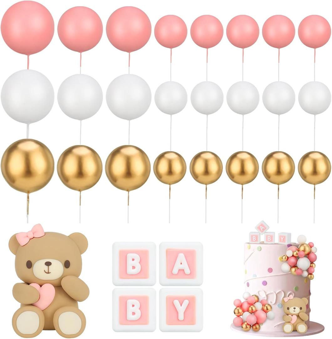 29 Pcs Ball Cake Toppers - Bear Cake Decorations with Cute Bear Pink BABY Letter Pink Gold White Foam Balloon for Baby Shower (Pink)