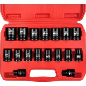 YIYITOOLS 17Pcs 1/2" Drive Shallow Impact Socket Set (8-24mm), Metric Socket Set, 6-Point, CR-V Steel for Automotive Maintenance, Repairs, and DIY Projects