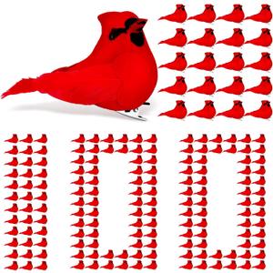 Soaoo 100 Pcs Red Cardinals Birds Ornaments for Christmas Tree 2.5 Inch Decorative Clip On Birds Bulk for DIY Crafts Xmas Home Decorations, Wreaths