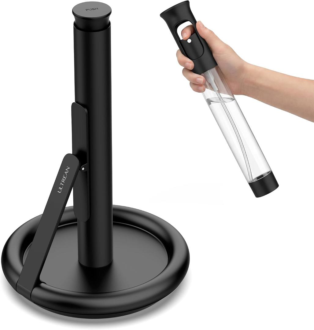 Ultrean Paper Towel Holder with Spray Bottle, Countertop Freestanding Paper Towel Dispenser with Spring-Loaded Tension Arm for One-Handed Tear, Weighted Base, Stainless Steel for Kitchen, Black