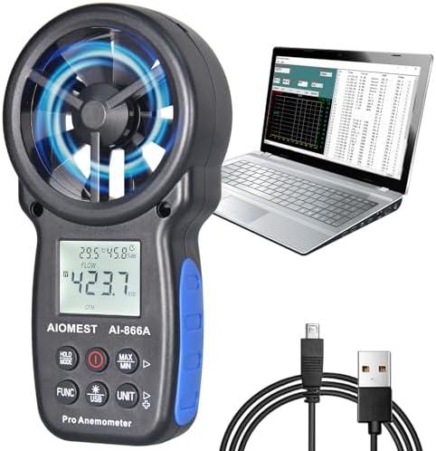 HVAC CFM Anemometer, AIOMEST Handheld Air Flow Meter Measuring Wind Speed/Airflow Velocity, Test Air Volume,Temperature, Humidity, Digital CFM Tester AI-866A with Real-Time USB Sync to PC