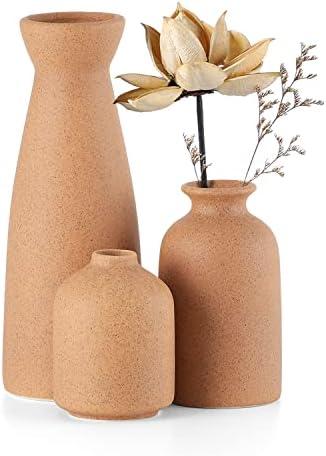 CEMABT Brown Ceramic vase Set-3 Small Flower vases for Decor,Modern Boho Farmhouse Home Decor,Decorative vase for Pampas Grass&Dried Flowers,idea Shelf,Table,Bookshelf ，Entryway- Distressed