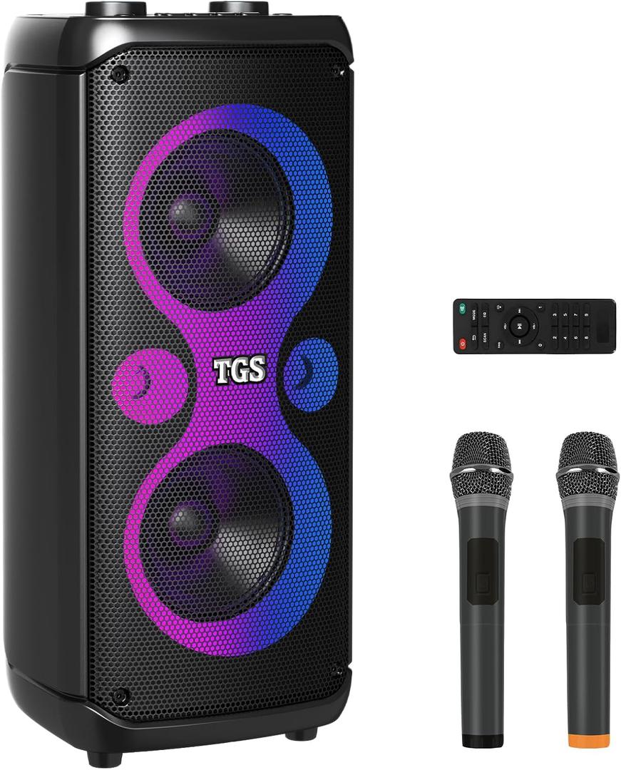 Karaoke Machine Dual 6.5" with 2 Wireless UHF Microphones, PA System for Party with Disco LED Lights, Portable Bluetooth Speakers for Adults & Kids, Supports for TF Card/USB, AUX in, FM, REC,TWS