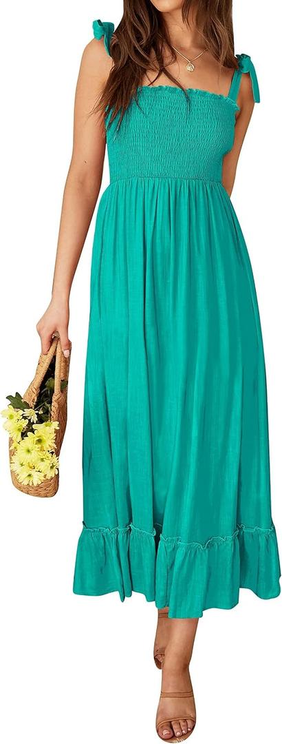 ZESICA Women's 2026 Summer Boho Spaghetti Strap Square Neck Solid Color Ruffle A Line Beach Long Maxi Dress (Green, L)