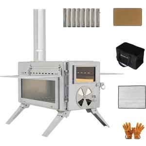 Portable Camping Wood Stove with View Glass and Cooking Function, 8 Stainless Steel Chimneys for Shelter, Hunting, Outdoor Cooking, and Heating (304 Stainless Steel)