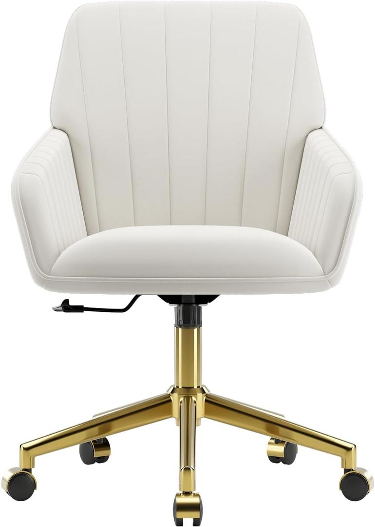YISHENG Velvet Home Office Chair with Gold Base Upholstered Tufted Modern Height Adjustable 360 Degree Swivel Desk Chair with Wheels, Vanity Chairs for Living Room, Bedroom,Study Room (Cream)