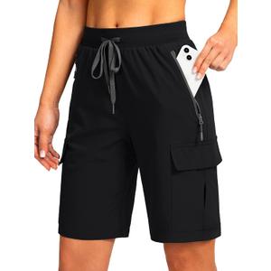 Soothfeel Women's 9" Hiking Cargo Shorts with 5 Pockets Quick Dry Summer Athletic Golf Bermuda Long Shorts for Women Casual (Black, S)