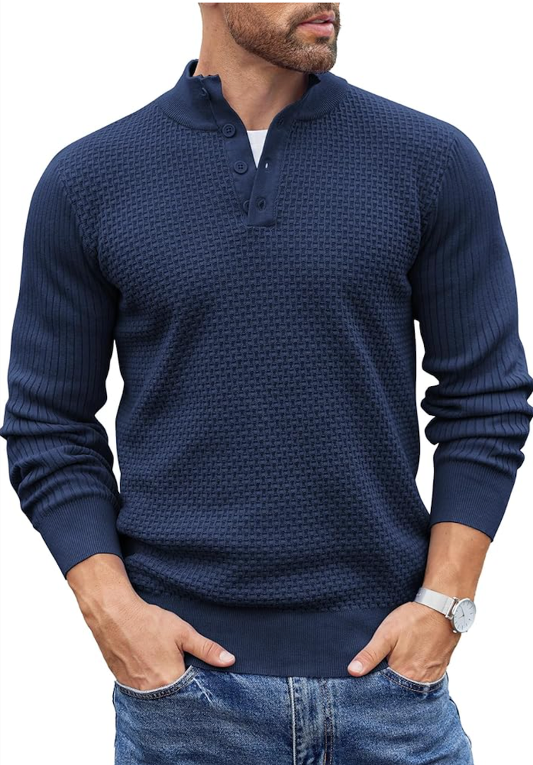 COOFANDY Men's Quarter Button Sweater Lightweight Mock Neck Pullover Sweater Fashion Casual Knitted Waffle Henley Sweater XL