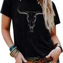 Boho Cow Skull Shirt Women Cowgirl t Shirt Vintage Western Rodeo Graphic Tee Short Sleeve Bull Skull Casual Top (Large, Black)