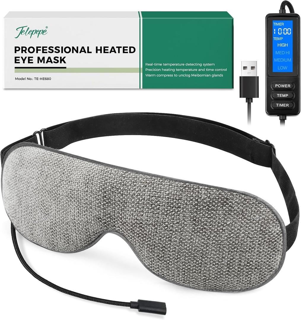 Telepepe Heated Eye Mask, Warm Eye Compress for Dry Eyes, Moist Heat Therapy for Blepharitis, Dark Circle, Chalazion, 4 Heating Levels, Gifts for Men Women, Travel(Grey)