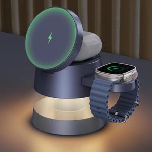 iVANKY Qi2 Certified 3 in 1 Mag-Safe Charger Stand, 15W Fast Magnetic Wireless Charging Station with Night Light for iPhone 17 16 15 14 13 Pro Max, Apple Watch 11 10-2 AirPods 4/3/2/Pro(No AC Adapter)