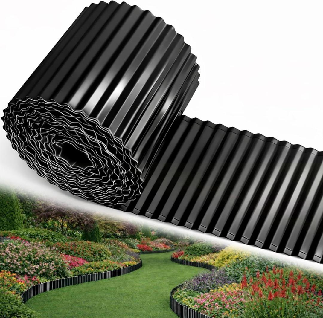 Corrugated Metal Garden Edging, 6'' x 105' Rustproof Edging for Landscape, Flexible Garden Border for Flower Bed, Garden Fence, Lawn, Paver Edging (Black)