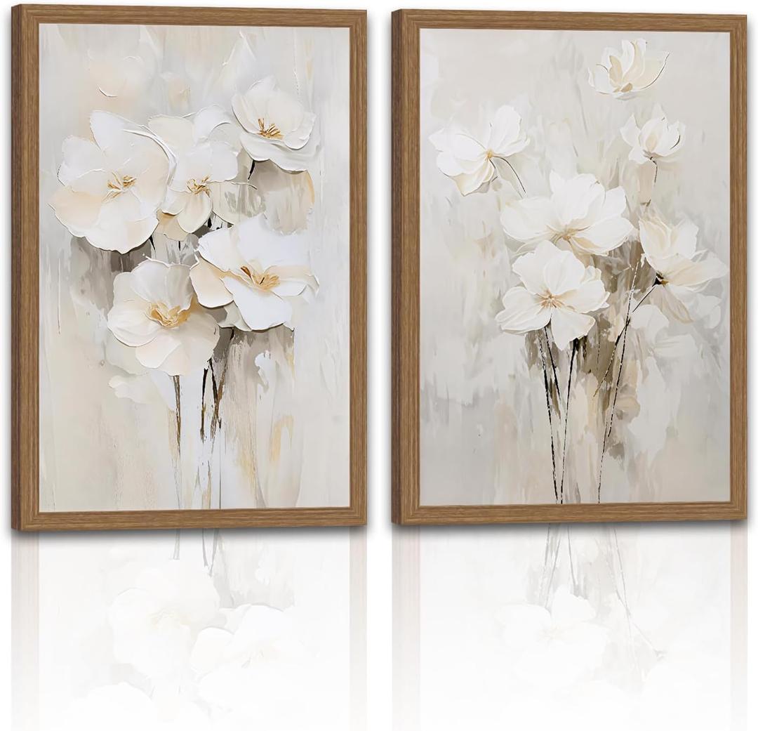2pcs Framed Neutral Beige Floral Wall Art White Cream Flower Canvas 16x24in