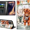for iPhone 15 Pro Max Phone Case, Flip PU Leather Kickstand Shockproof Phone Cover for iPhone 15 Pro Max, Phone Wallet with Card Holder Slot and Magnetic Clasp, Cute Highland Cows