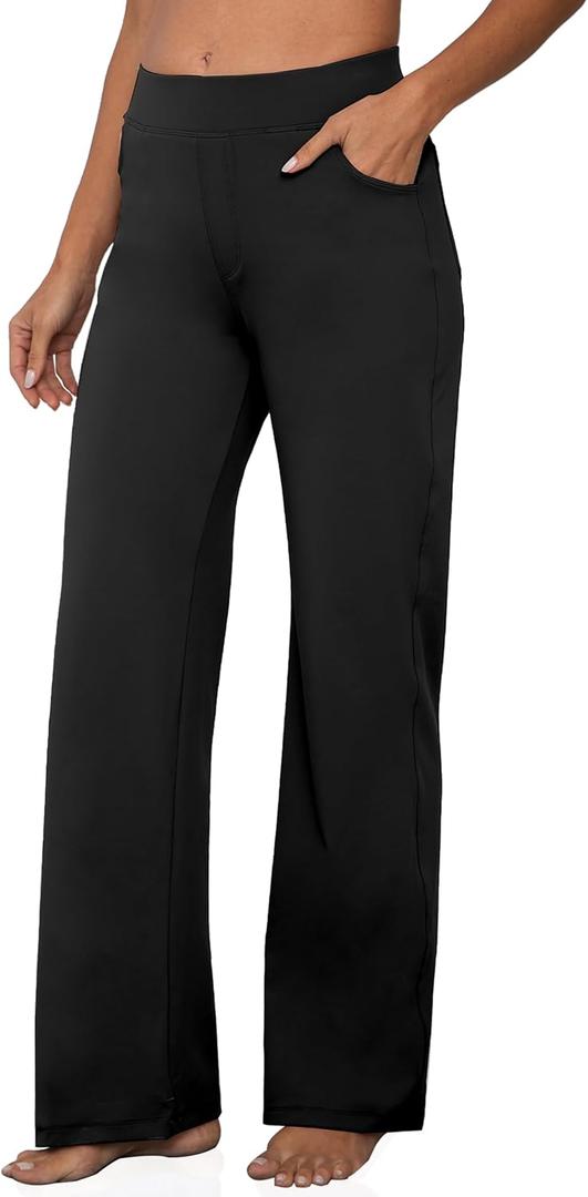 VOOVEEYA Wide Leg Pants for Women, Yoga Pants with Pockets High Waist Casual Straight Dress Pants Petite/Tall/Regular (Petite Black L New) (Black, L)
