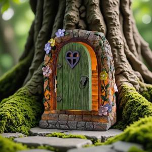 Solar Fairy Door Statue for Garden - Magic Fairy House Waterproof Resin Outdoor Fairy Garden Decor Accessories (7.5in*4.7in*5.9in, Miniature Fairy Figurines for Tree & Wall Decor)