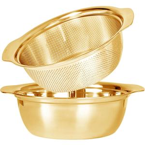 304 Stainless Steel Microporous Colander with Handle, Rice Washers Microporous Strainer Set For washing vegetables, fruits and rice, and draining cooked pasta(2QT with handle-Gold)