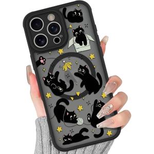 BITOBE Case for iPhone 16 Pro [Compatible with MagSafe] Cute Black Cats Pattern for Women Girls Soft TPU Bumper Kawaii Animal Magnetic Slim Protective Cover