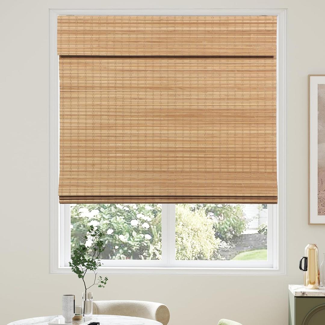 AGESISI Bamboo Roman Shades with Valance Cover, Cordless Blinds for Indoor Windows, Blackout Woven Wood Shades for Home & Patio, Privacy Protection, 22" W x 64" H, Carbonized