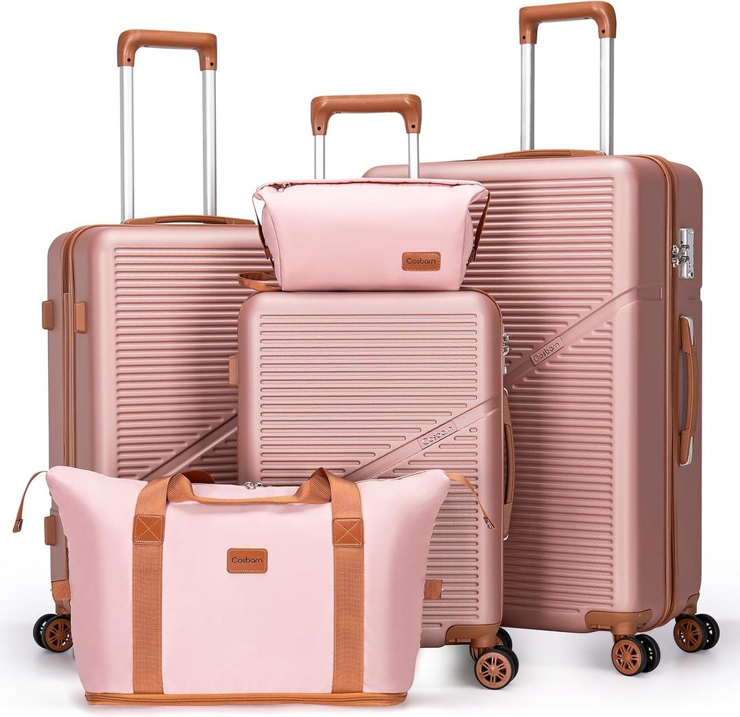Cosbarn 5 Piece Luggage Sets with Spinner Wheels, Hardshell ABS Suitcase Set with Tsa Lock, Lightweight Hardside Waterproof Travel Suitcases for Men Women, RoseGold (20"/24"/28")