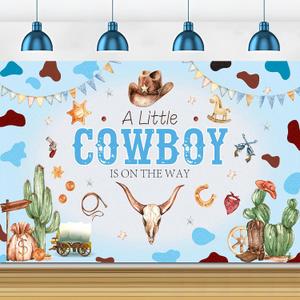 Cowboy Baby Shower Backdrops A Little Cowboy is On The Way for Boy Blue Wild West Theme Baby Shower Western Vintage Rodeo Ranch Cow Party Decorations70.8in*43.3in
