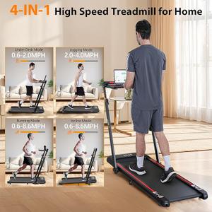 Walking Pad Treadmill, 3.0HP Under Desk Treadmills with 8% Incline, Adjustable Height Foldable Treadmill for Home Office, 300lbs Capacity with Removable Desk Workstation, Remote Control, APP, Black