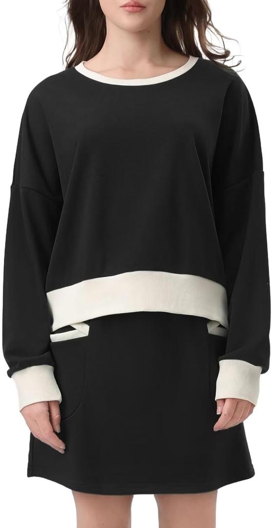 Skort Sets for Women 2 Piece Outfits: Two Pieces Tennis Skirt Matching Lounge Set Womens Long Sleeve Casual Workout Golf Athleisure Travel Tennis Airport Sport Running Spring Fall 2025, S