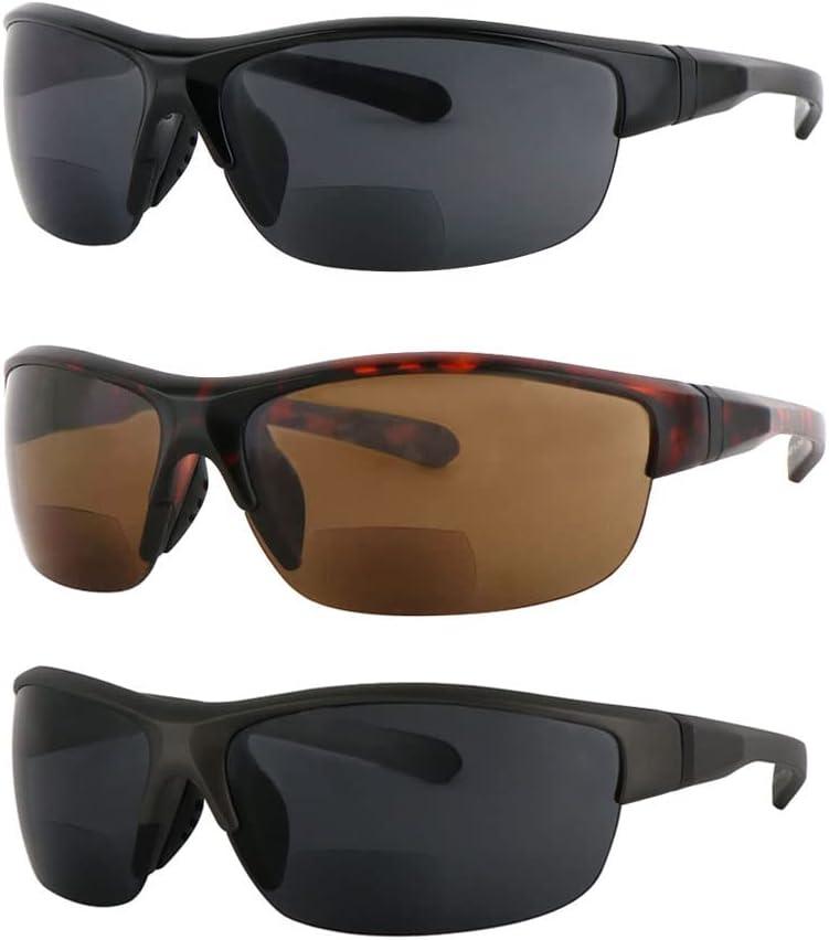 Sunglasses Bifocal for Men and Women, Sports Wrap Around Reading Reader Glasses (1 Black/ 1 Grey/ 1 Tortoise)