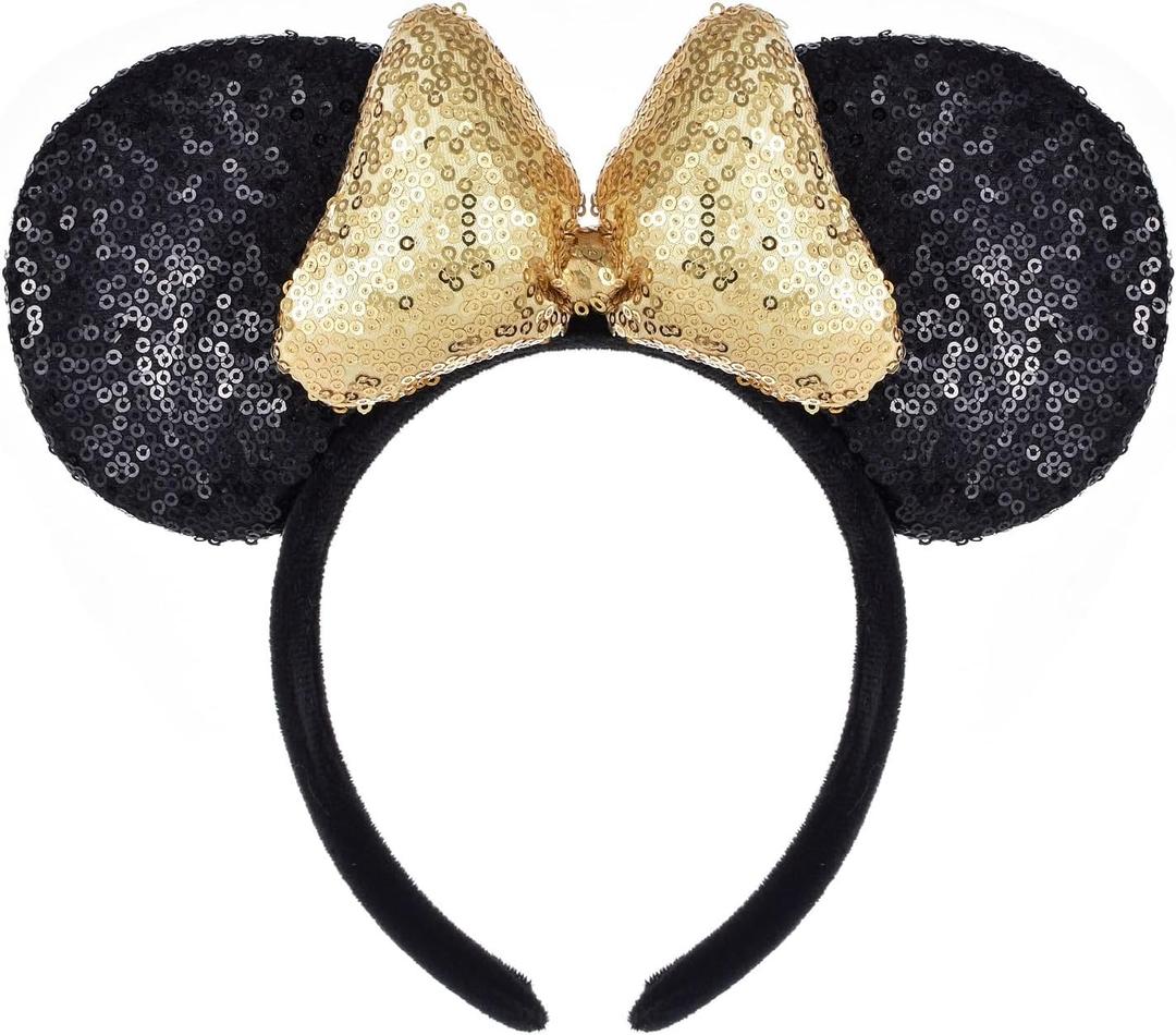 A Miaow 3D Black Mouse Sequin Ears Headband MM Glitter Butterfly Hair Clasp Park Supply Adults Women Girls Photo Accessory (Black and Golden)