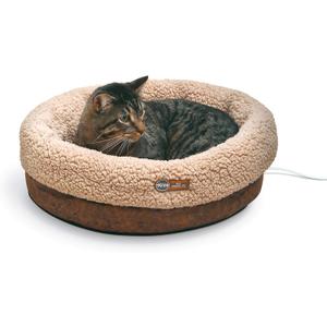 K&H Pet Products Heated Cat Bed Indoor, Thermo-Snuggle Cup Bomber Soft Heated Pet Bed for Large Indoor Cats and Small Dogs, Machine Washable, Waterproof Heated Pad, Safety Listed - 18x14in Chocolate