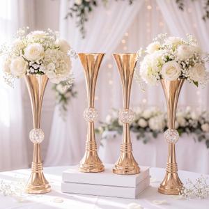 Domensi 4 Pcs Gold Trumpet Vases for Centerpieces 21.6 Inch Tall Metal Flower Stands Crystal Gold Vase for Wedding Tables Birthday Party Event Home Decor