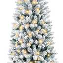 Sweetcrispy 6ft Snow Flocked Pencil Christmas Tree, Prelighted Artificial Slim Christmas Trees with 250 Incandescent Lights, 571 Branch Tips & Foldable Base for Home, Office, Party Decoration (Pencil-green & White)