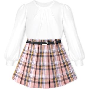 Girls Outfits Size 10-12 Clothes for Girls 10-12 White Crew Neck Ruched Shirt Lantern Sleeve Tops + Pink Plaid Skirts + Cute Hat 3 Piece Fall Winter Girl Skirt Set