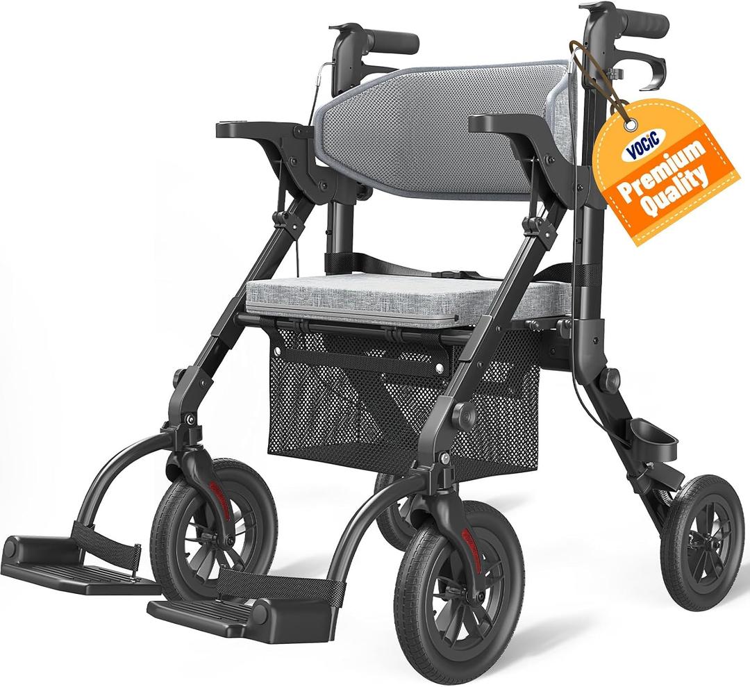 VOCIC Rollator-Walkers-for-Seniors-with-Seat, Walker Wheelchair Combo, Transport-Wheelchair-Lightweight-Foldable, Adult Walkers All Terrain, 2 in 1 Rolling Walker Chair with Brakes & Pouch