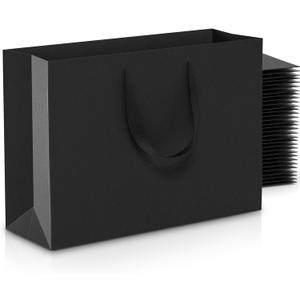 Acina Medium Large Black Gift Bags: 12.6x4x8.7 Inch 16pcs Black Paper Bags with Handles Bulk For Party Shopping Birthday Wedding (M-16)