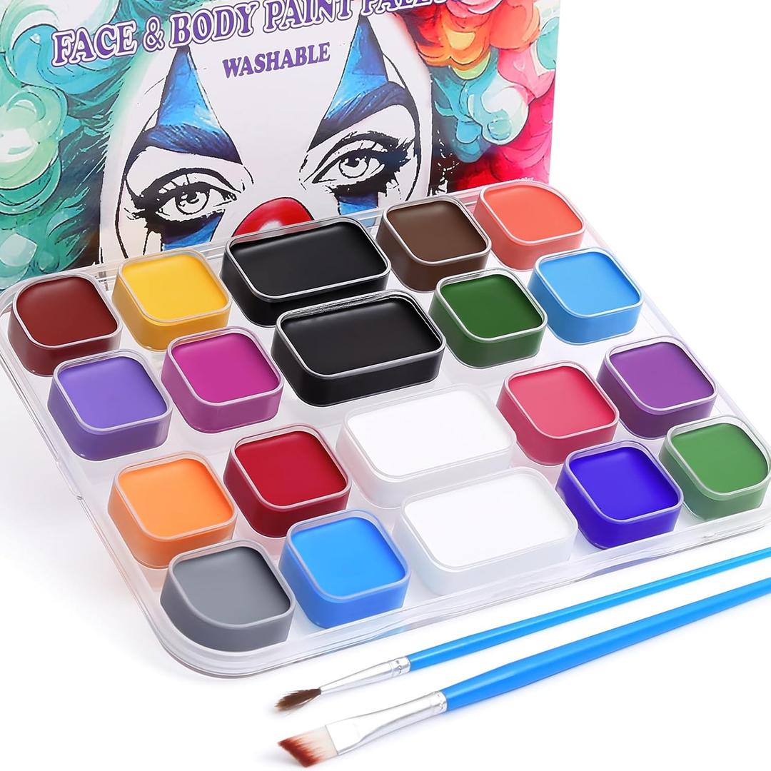 BOBISUKA 18 Color Washable Face & Body Paint Palette with Brushes, Extra Black & White Pans, Highly Pigmented Cream Formula Face Painting Kit for Halloween, Carnival, Cosplay, Festivals & SFX Makeup