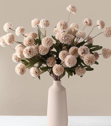 HyeFlora Fake Kiku Flowers, Faux Silk Pompon Mums Artificial Flowers, Chrysanthemum Stems Floral Arrangement Dried Flowers Vintage Decorative Indoor Home Decor Beige (Vase not Included)
