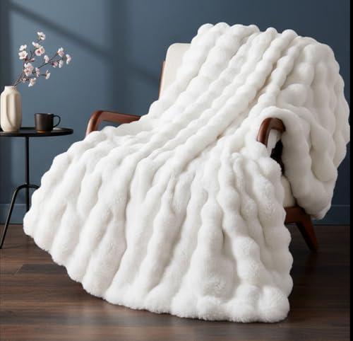 Ghouse Faux Fur Throw Blanket for Couch, Soft Fluffy Bubble Blanket, Double-Sided Faux Rabbit Fur Throw for Sofa,, White 50 x 60 Inches, 860 GSM