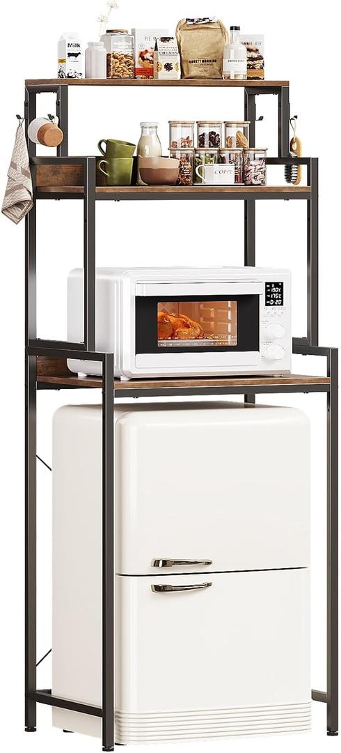 3-Tier Mini Fridge Stand Kitchen Bakers Rack with Adjustable Shelves, Freestanding Microwave Stand with Storage, Split Design Coffee Bar Station for Home Office Dorm (Rustic Brown, 25.6")