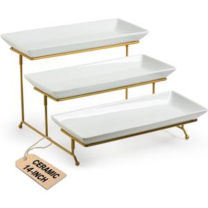 LAUCHUH Large 3 Tier Serving Stand Tiered Serving Trays Collapsible Sturdier Rack with 3 Porcelain Serving Platters for Fruit Dessert Presentation Valentine's Day Christmas Party Display Set, 14 Inch (Gold)