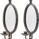 SOFFEE DESIGN 2PCS Antique Metal Candle Sconces Candlestick Holder Wall Mounted Distressed with Oval Faded-Looking Mirror