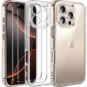 ivoler 3-in-1 Clear Case Designed for iPhone 16 Pro Max 6.9'' 2024 with 2 Pack Tempered Glass Screen Protector Full Camera Protection, Military Shockproof Protective Hard Back Slim Phone Cover- Clear