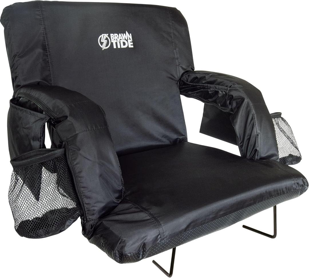 BRAWNTIDE Stadium Seat with Back Support - Comfy Cushion, Thick Padding, 2 Steel Bleacher Hooks, 4 Pockets, 2 Cup Holders, Reclining Back, Ideal Chair for Sport Events, Beaches, Camping, Concerts (Regular - Width 20.5 Inches, Black)