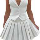 Women's 2 Piece Sets for Women Button Down A-Line V Neck Sleeveless Blazer Vest and Mini Pleated Skirt Set Medium