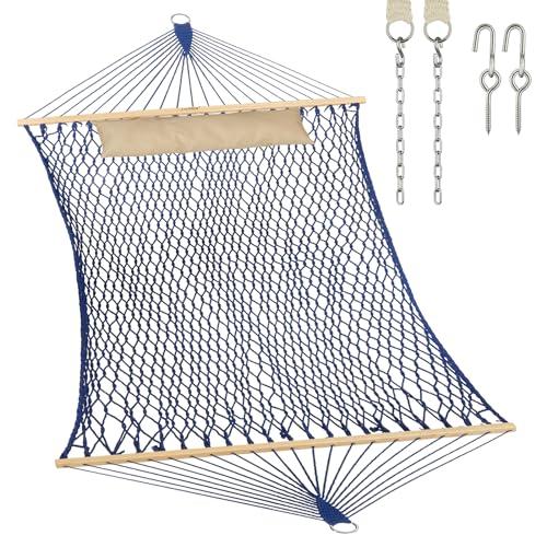 JoyView Traditional Rope Double Hammock - Hand Woven Cotton Hammock with Hardwood Spreader Bar and Pillow 450lb Capacity for Outdoor Indoor Patio Yard - Blue