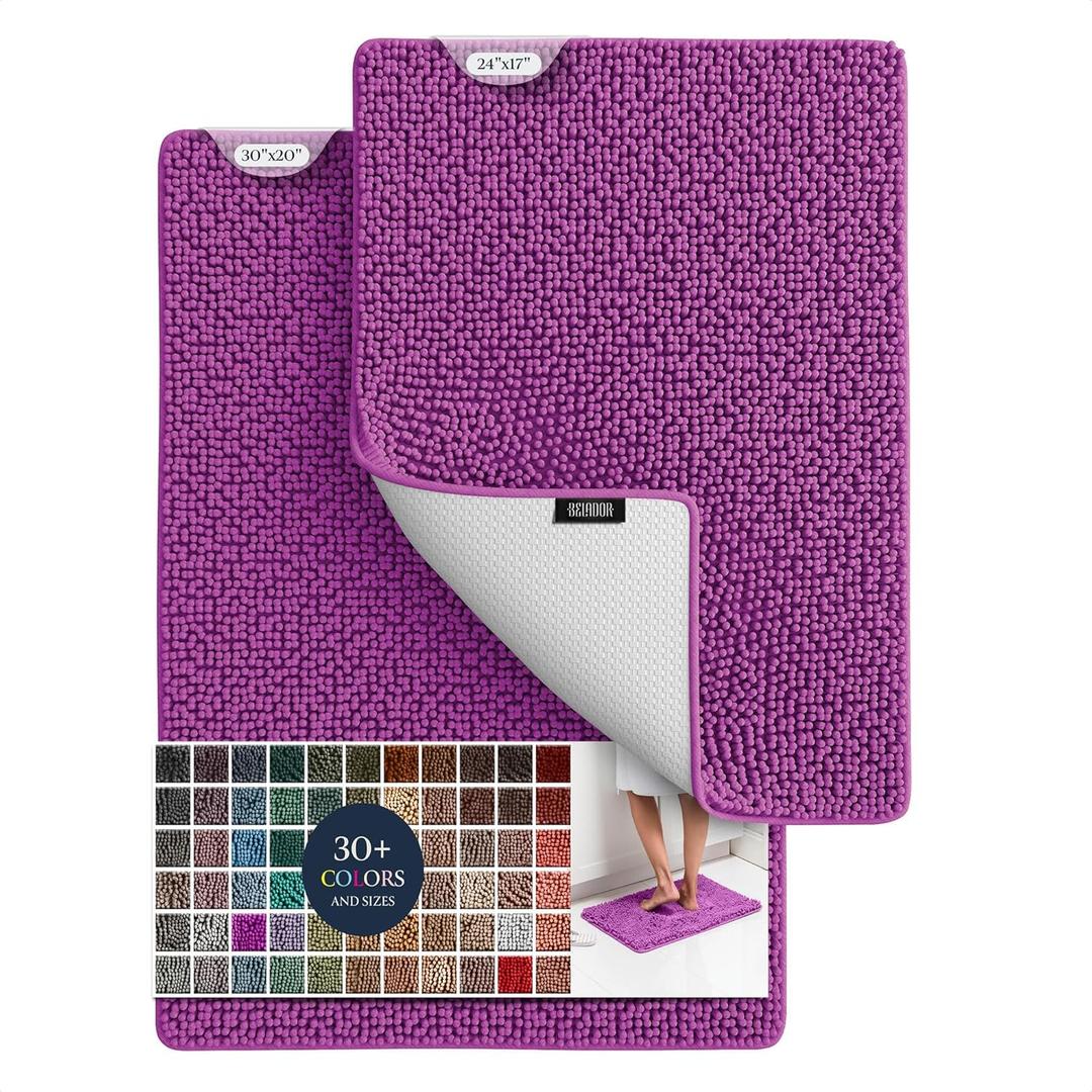 BELADOR Plush Bath Mat Sets - Quick-Dry Chenille Bathroom Mats with Rubber Backing, Absorbent, Washable- 24x17 + 30x20 (Bright Violet)