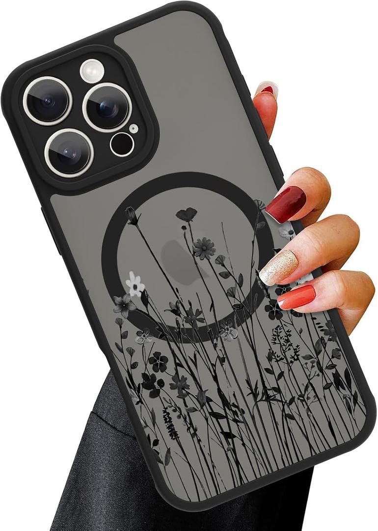 OOK Magnetic for iPhone 16 Pro Max Case [Compatible with MagSafe] Black Wild Flower Slim Translucent Matte for iPhone 16 Pro Max Camera Lens Protection Cover, Wild Flower (6.9")